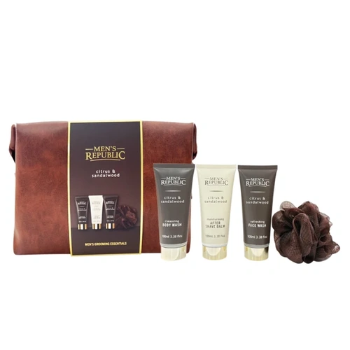 Men's Republic Grooming Kit in Soft Faux Leather Toiletry Bag - 4pc Body and Face Wash